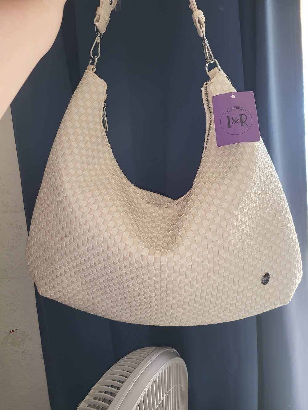 I&R Cream/tan Checkered Woven Hobo Shoulder Bag